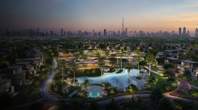 The community at dusk, with the Downtown Dubai skyline beyond