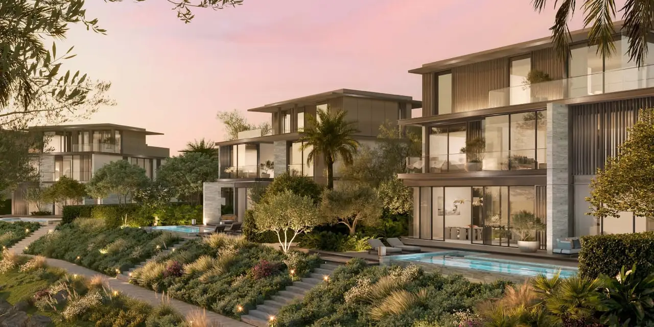 Nad Al Sheba Gardens villas: standalone villas with private pools at dusk