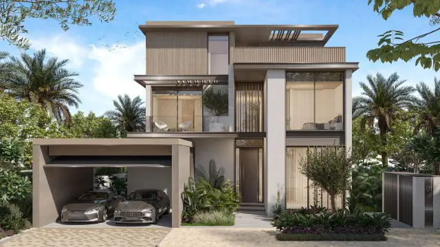Standalone villa, front elevation with a double carport